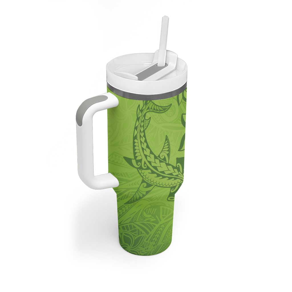 Green Gradient Polynesia Tumbler With Handle Hawaiian Tribal Hammerhead Shark Tattoo