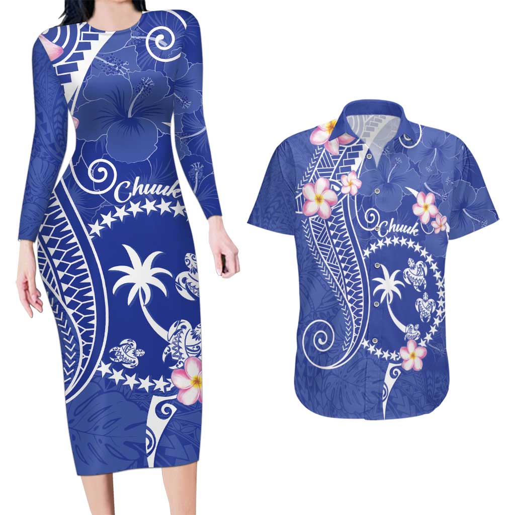 FSM Chuuk Constitution Day Couples Matching Long Sleeve Bodycon Dress and Hawaiian Shirt Frangipani Flowers Polynesian Curves Style