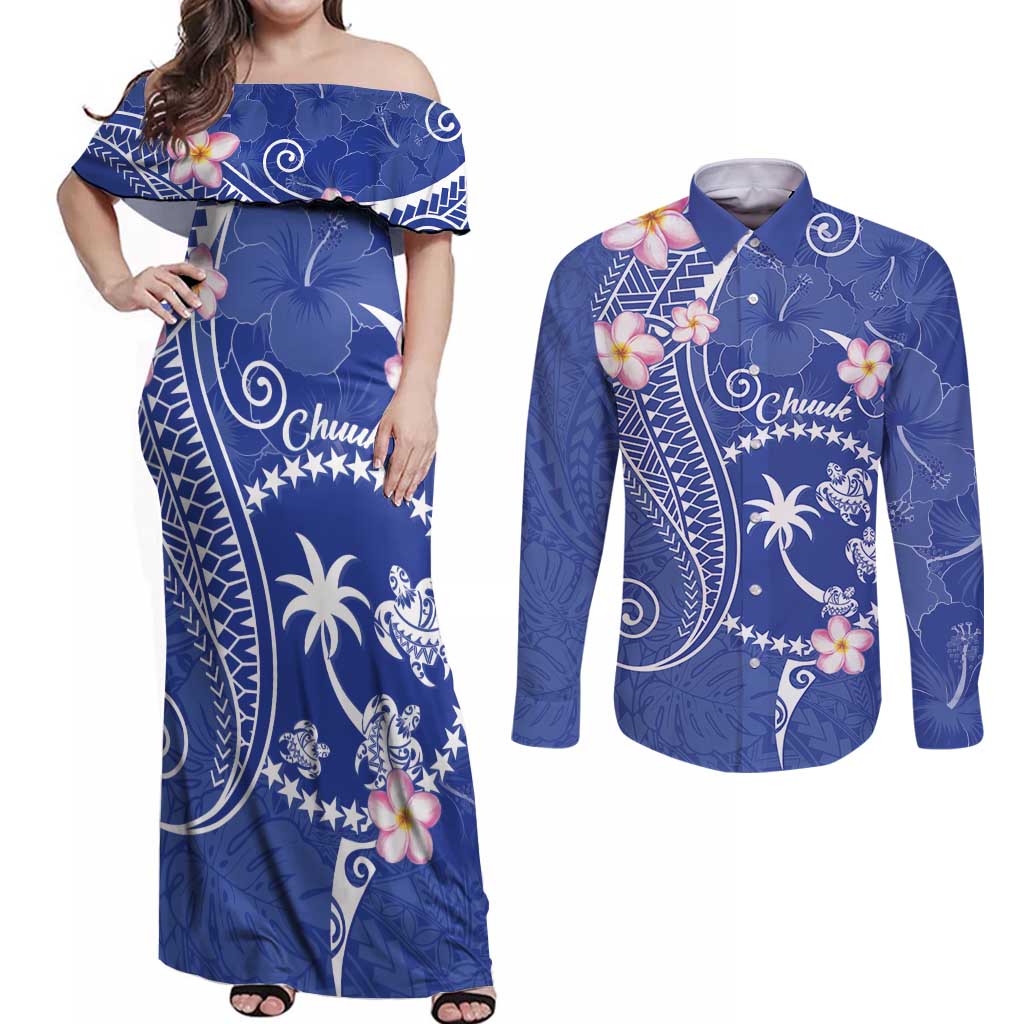 FSM Chuuk Constitution Day Couples Matching Off Shoulder Maxi Dress and Long Sleeve Button Shirt Frangipani Flowers Polynesian Curves Style