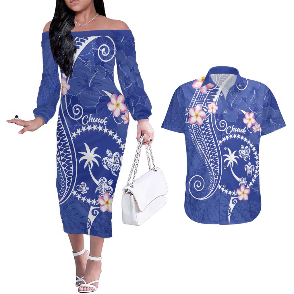 FSM Chuuk Constitution Day Couples Matching Off The Shoulder Long Sleeve Dress and Hawaiian Shirt Frangipani Flowers Polynesian Curves Style