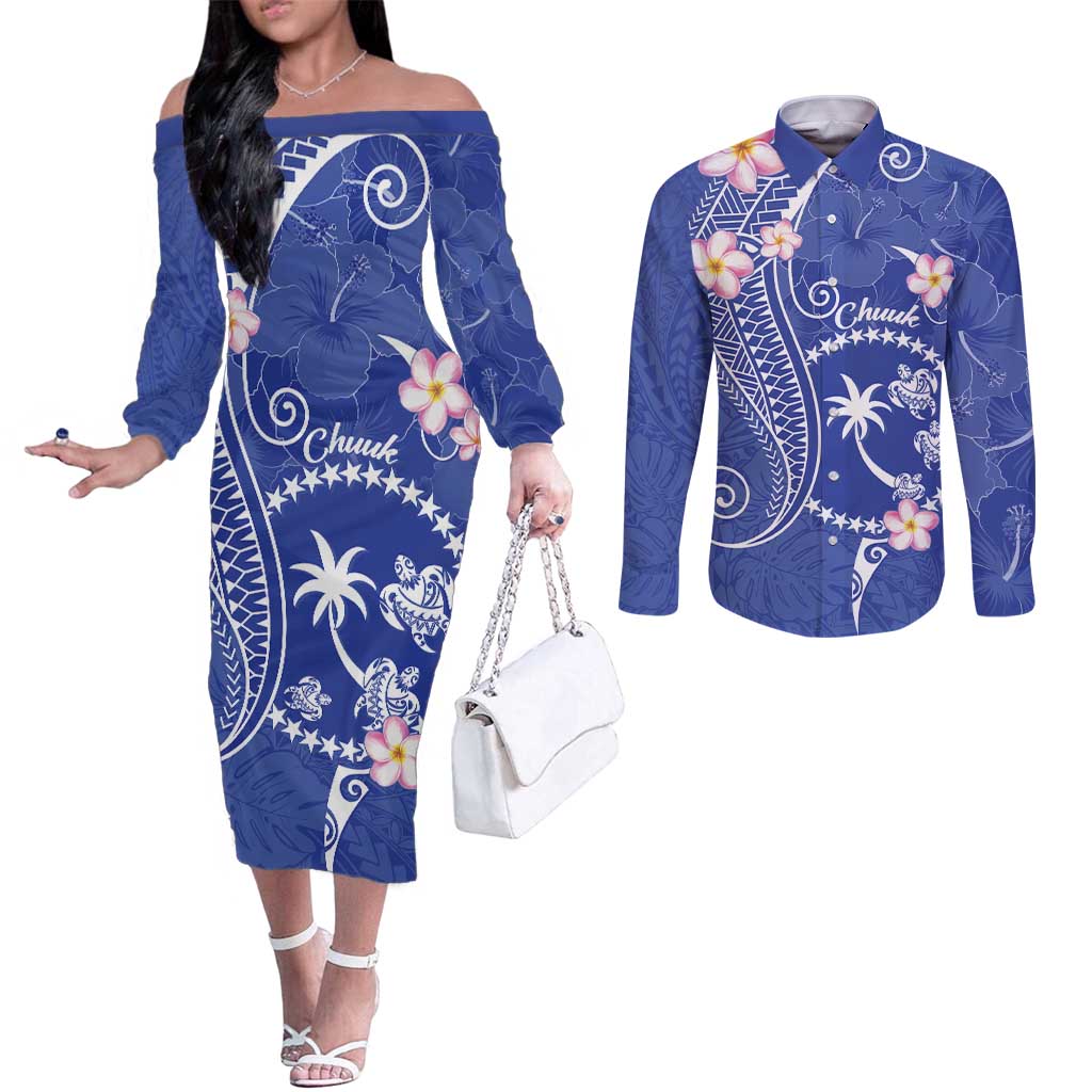 FSM Chuuk Constitution Day Couples Matching Off The Shoulder Long Sleeve Dress and Long Sleeve Button Shirt Frangipani Flowers Polynesian Curves Style