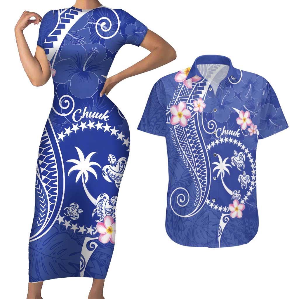 FSM Chuuk Constitution Day Couples Matching Short Sleeve Bodycon Dress and Hawaiian Shirt Frangipani Flowers Polynesian Curves Style LT14 Blue - Polynesian Pride