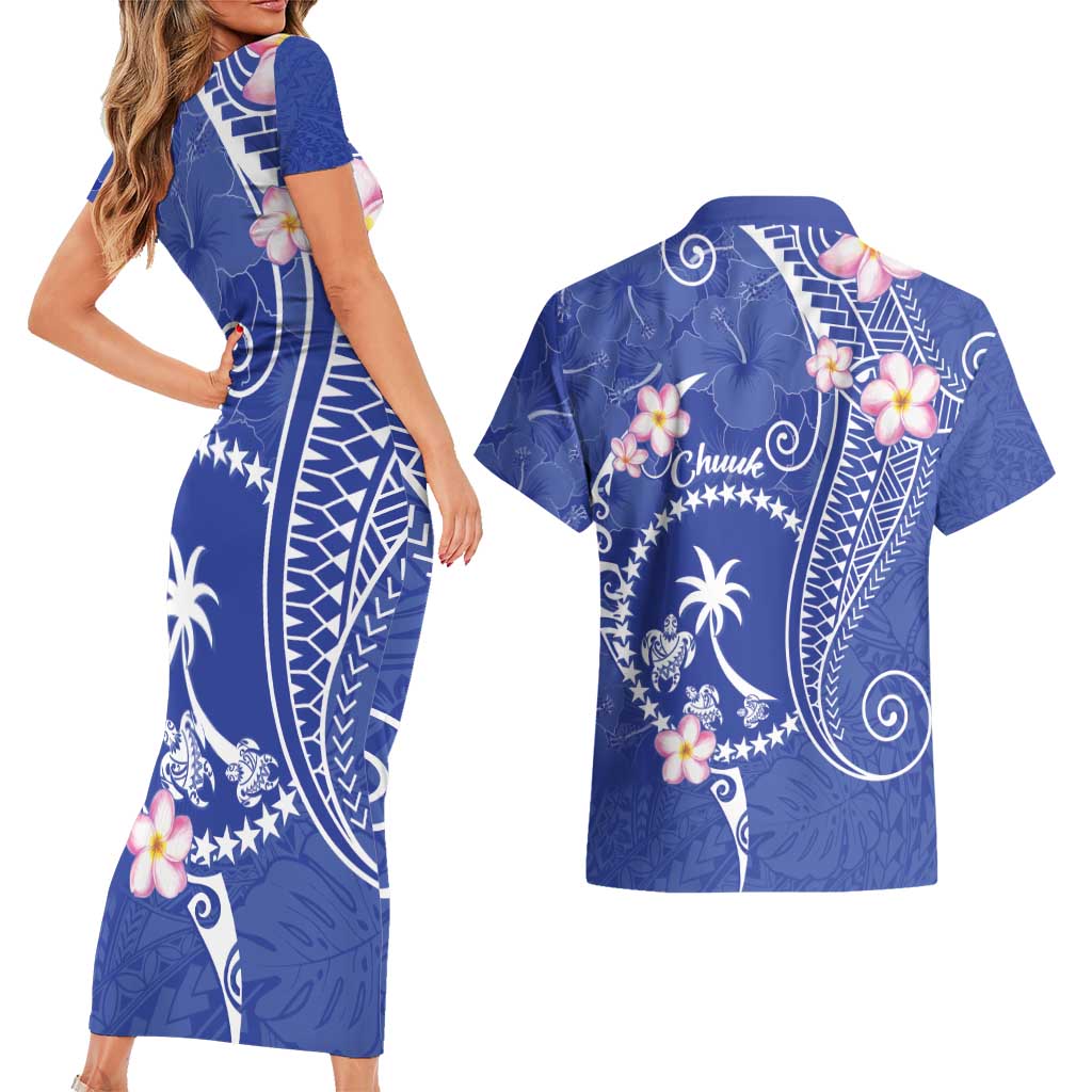 FSM Chuuk Constitution Day Couples Matching Short Sleeve Bodycon Dress and Hawaiian Shirt Frangipani Flowers Polynesian Curves Style LT14 - Polynesian Pride