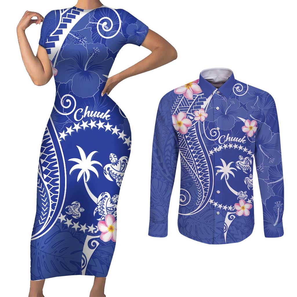 FSM Chuuk Constitution Day Couples Matching Short Sleeve Bodycon Dress and Long Sleeve Button Shirt Frangipani Flowers Polynesian Curves Style