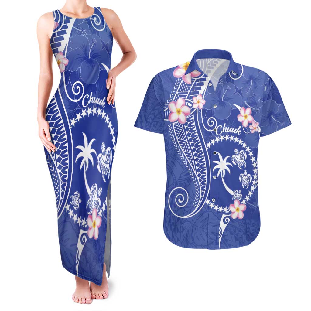 FSM Chuuk Constitution Day Couples Matching Tank Maxi Dress and Hawaiian Shirt Frangipani Flowers Polynesian Curves Style