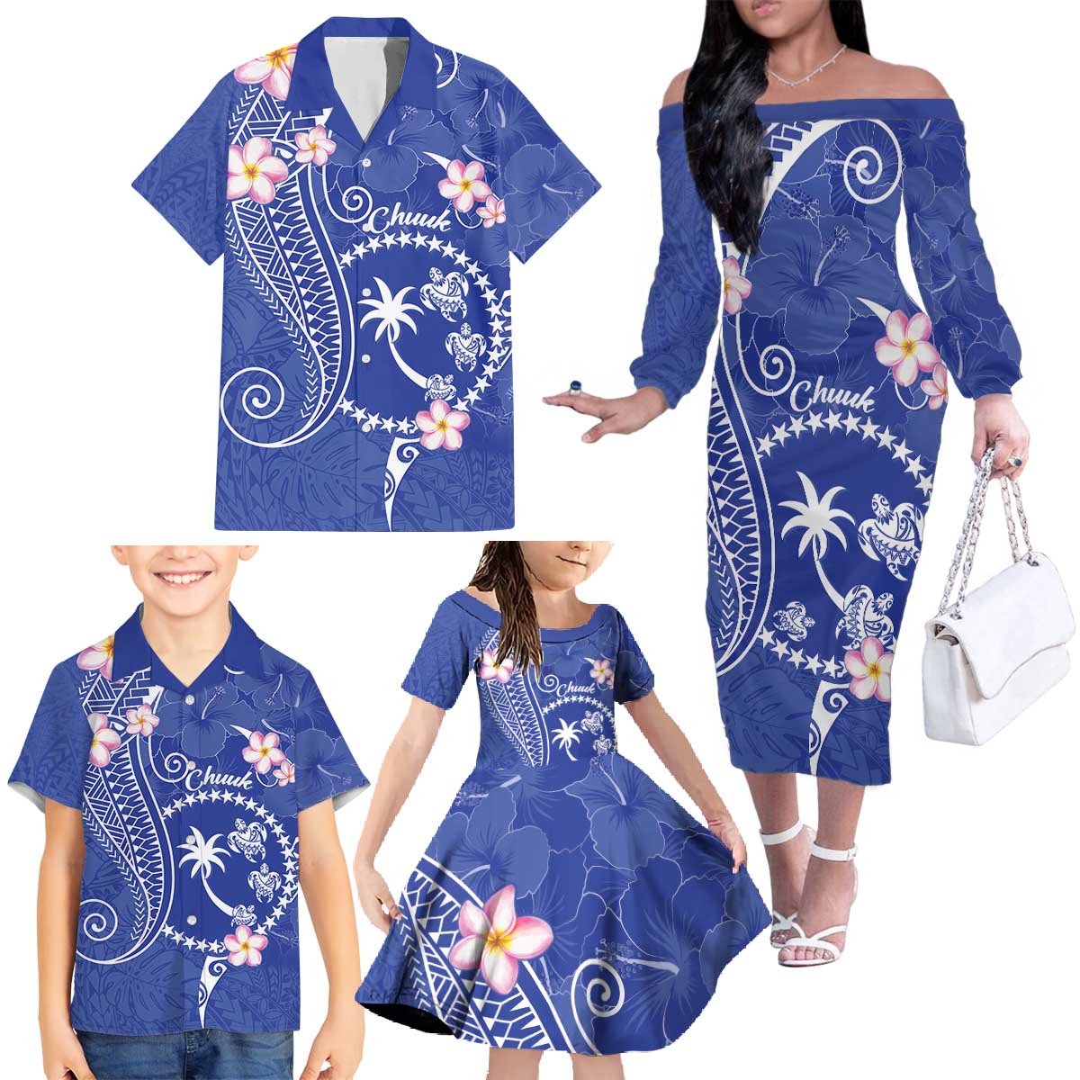 FSM Chuuk Constitution Day Family Matching Off The Shoulder Long Sleeve Dress and Hawaiian Shirt Frangipani Flowers Polynesian Curves Style