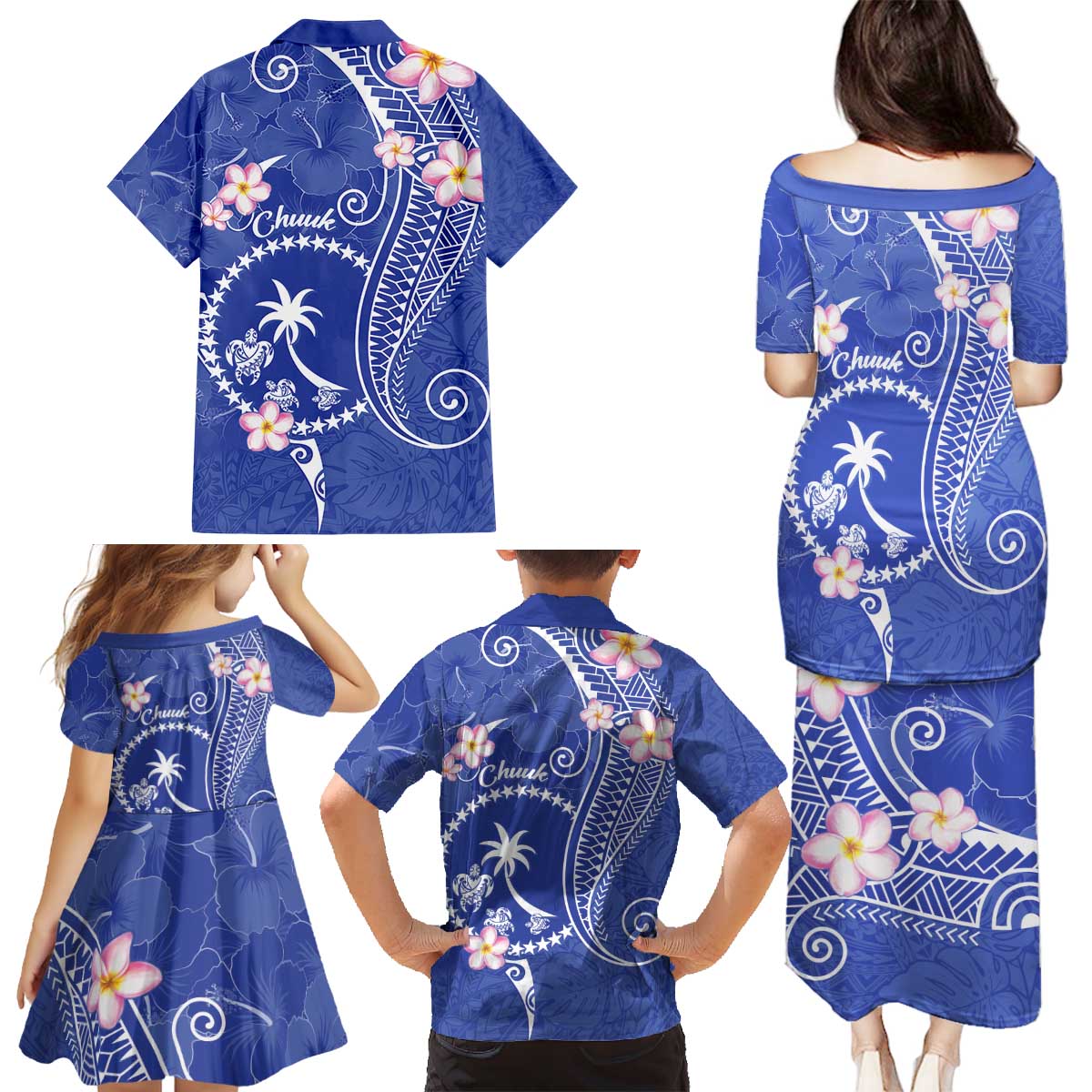 FSM Chuuk Constitution Day Family Matching Puletasi and Hawaiian Shirt Frangipani Flowers Polynesian Curves Style