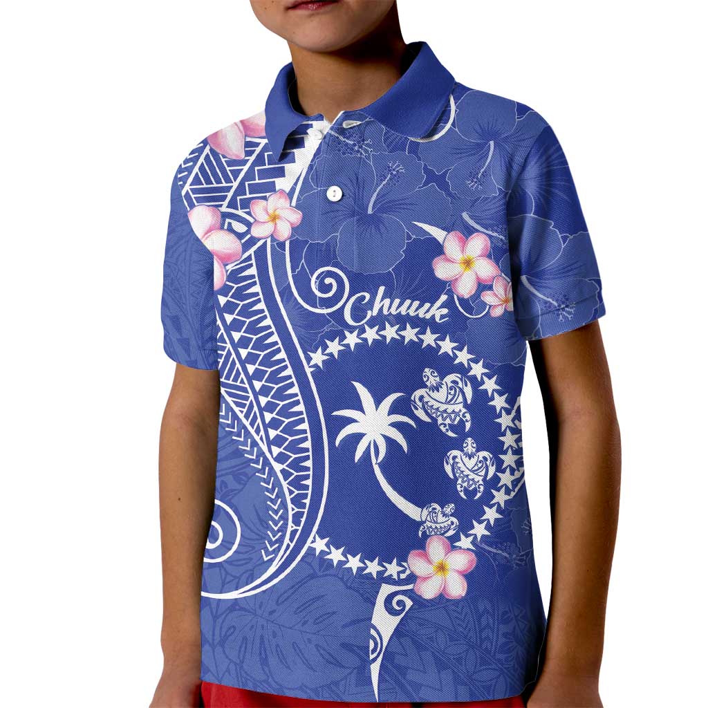 FSM Chuuk Constitution Day Kid Polo Shirt Frangipani Flowers Polynesian Curves Style