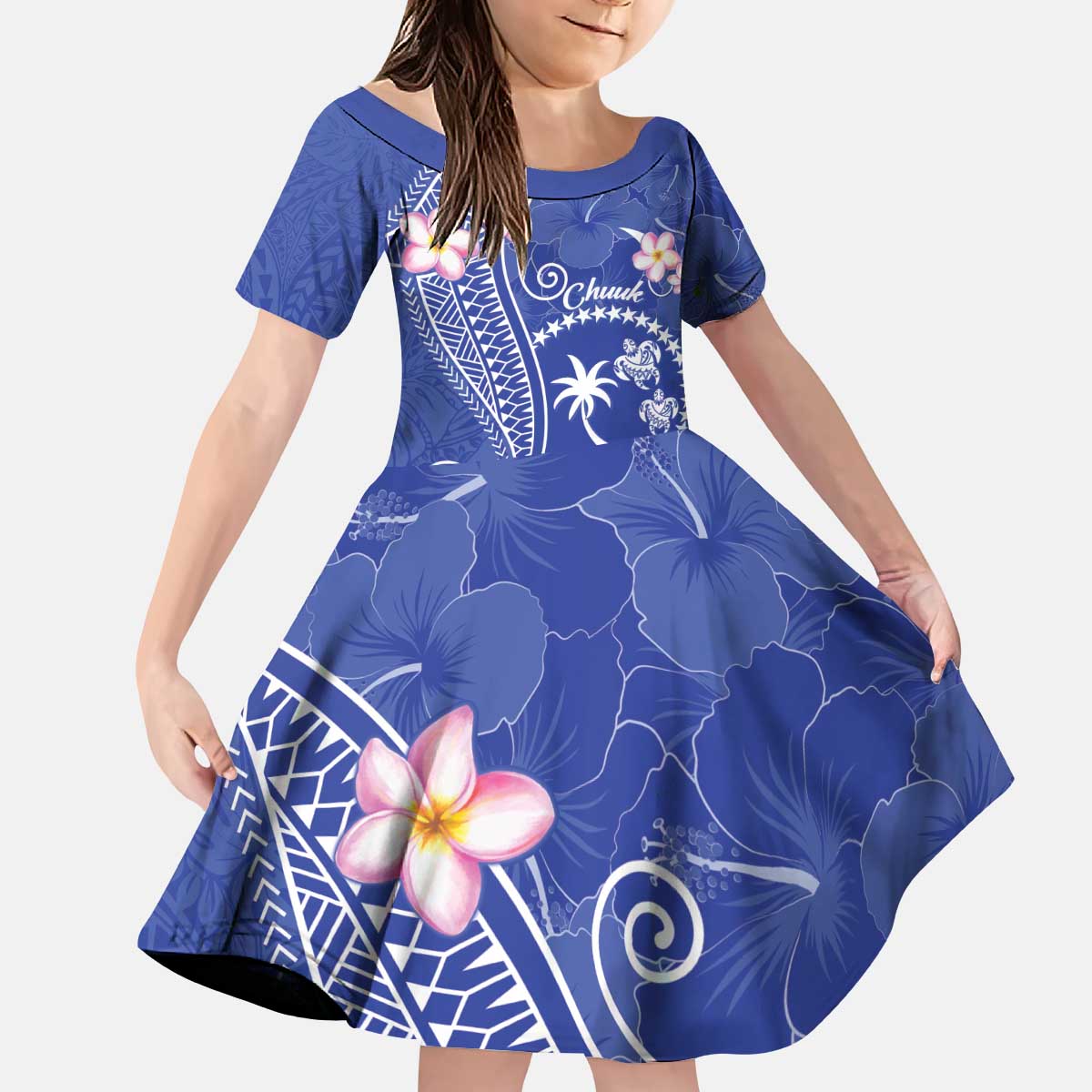 FSM Chuuk Constitution Day Kid Short Sleeve Dress Frangipani Flowers Polynesian Curves Style