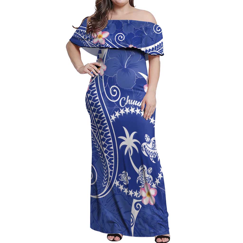 FSM Chuuk Constitution Day Off Shoulder Maxi Dress Frangipani Flowers Polynesian Curves Style