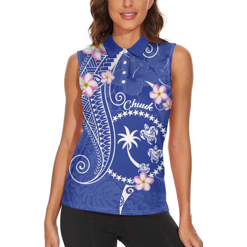 FSM Chuuk Constitution Day Women Sleeveless Polo Shirt Frangipani Flowers Polynesian Curves Style