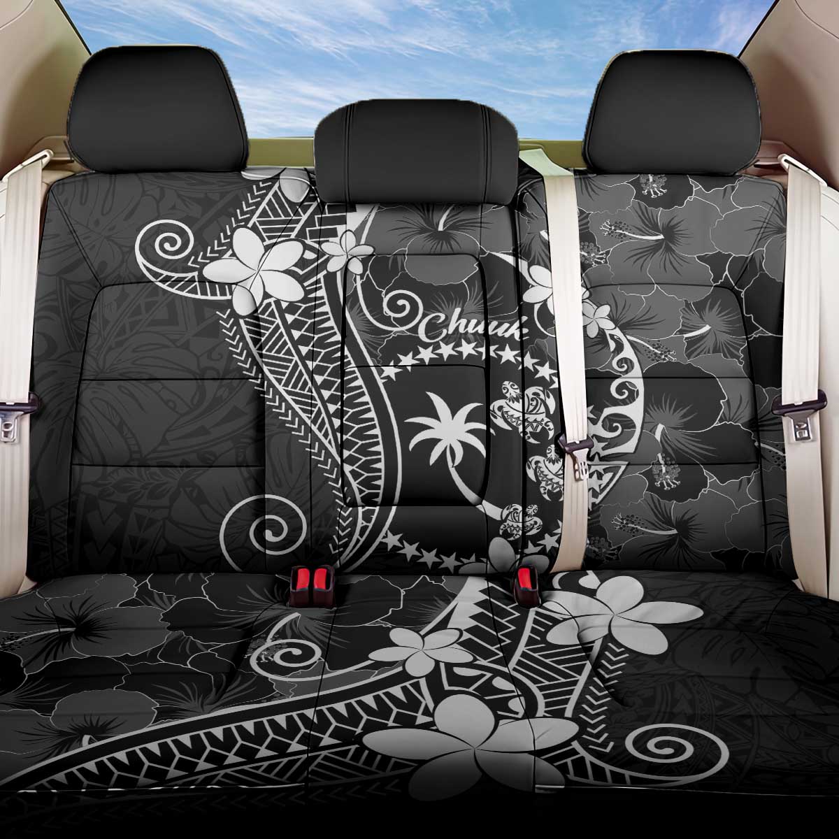 FSM Chuuk Back Car Seat Cover Turtle Tropical Flowers Polynesian - Black