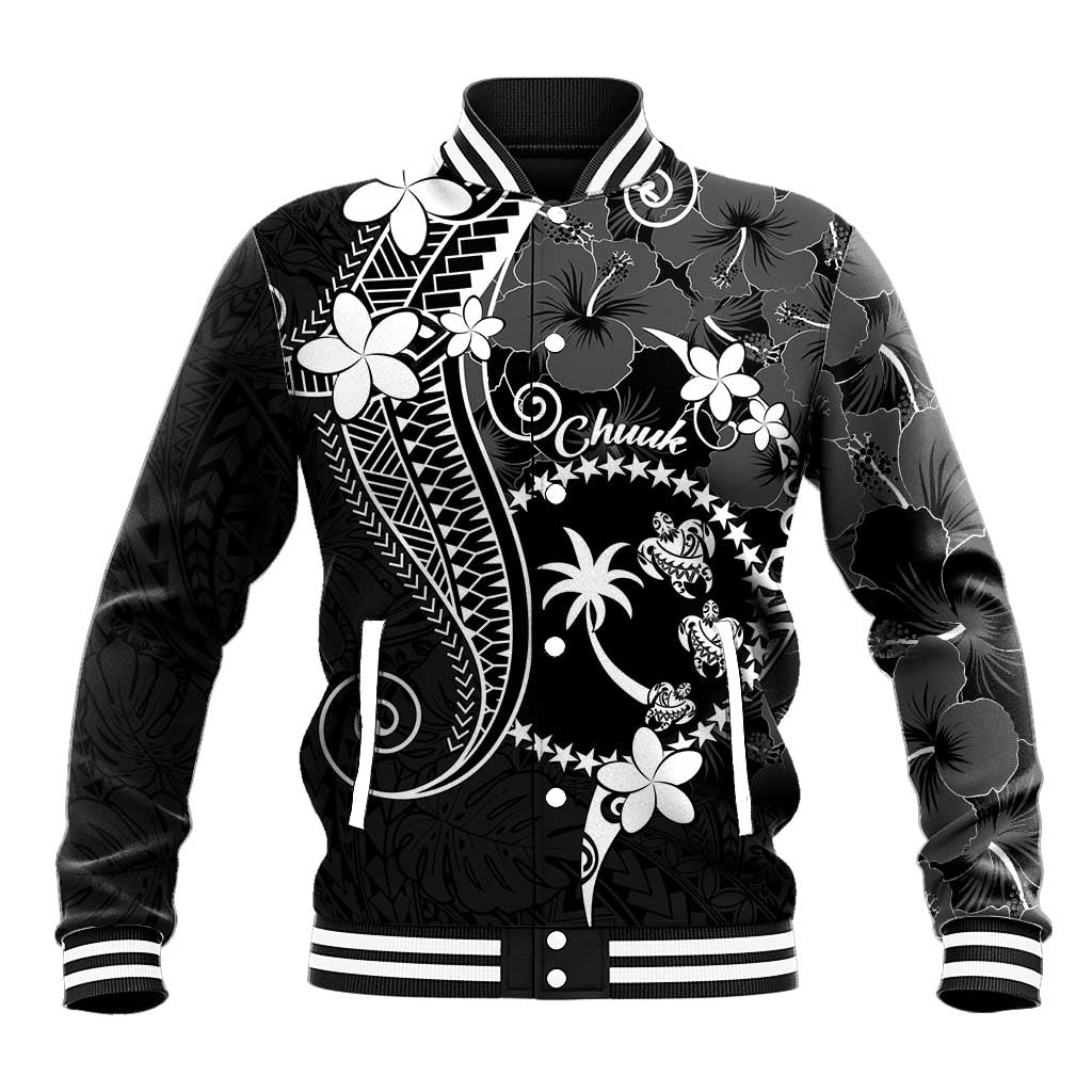 FSM Chuuk Baseball Jacket Turtle Tropical Flowers Polynesian - Black