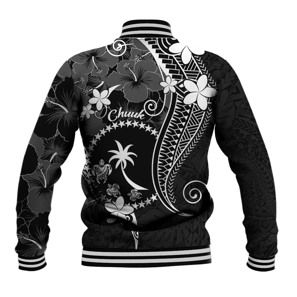 FSM Chuuk Baseball Jacket Turtle Tropical Flowers Polynesian - Black