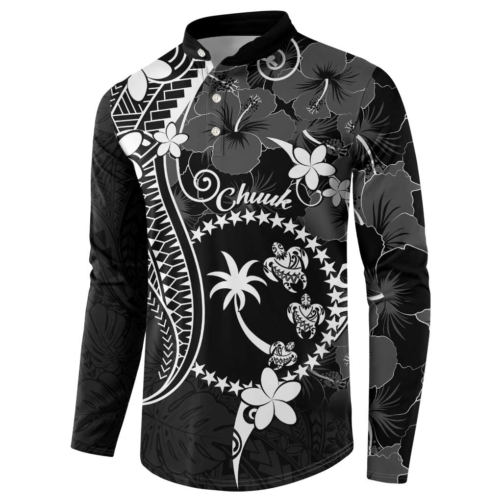 FSM Chuuk Button Sweatshirt Turtle Tropical Flowers Polynesian - Black