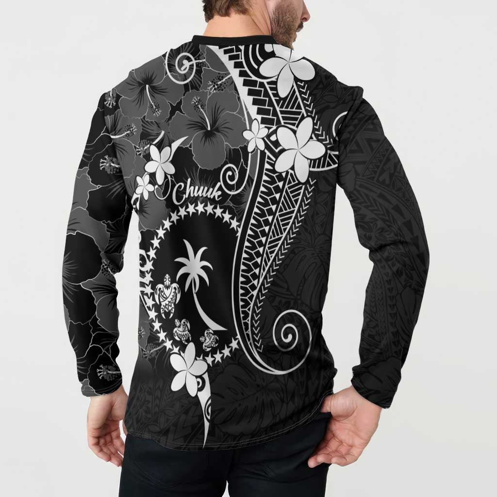 FSM Chuuk Button Sweatshirt Turtle Tropical Flowers Polynesian - Black