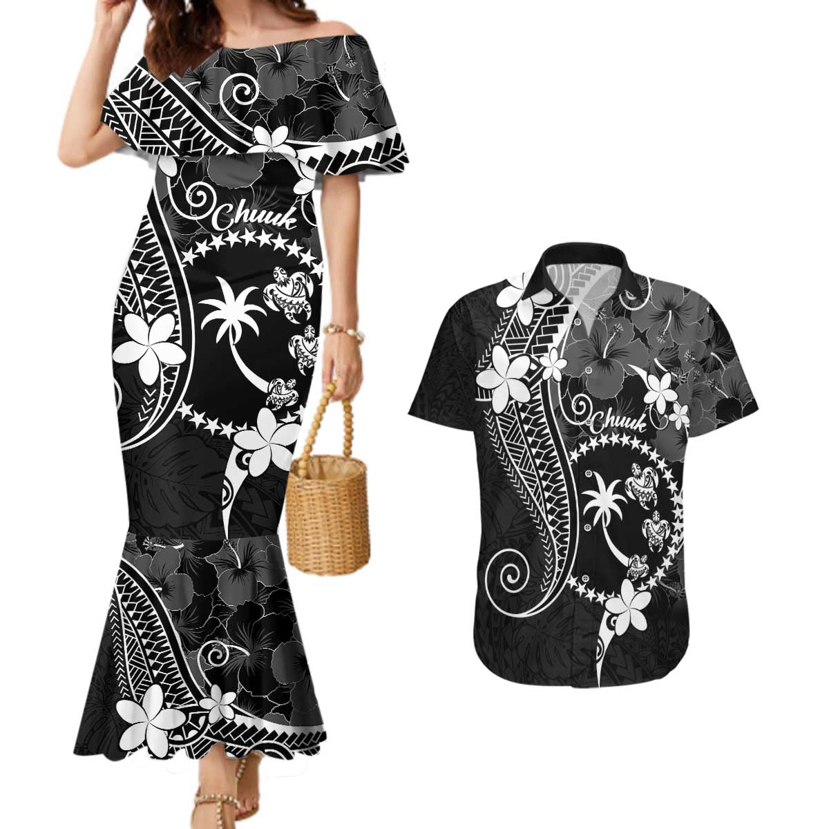 FSM Chuuk Couples Matching Mermaid Dress and Hawaiian Shirt Turtle Tropical Flowers Polynesian - Black