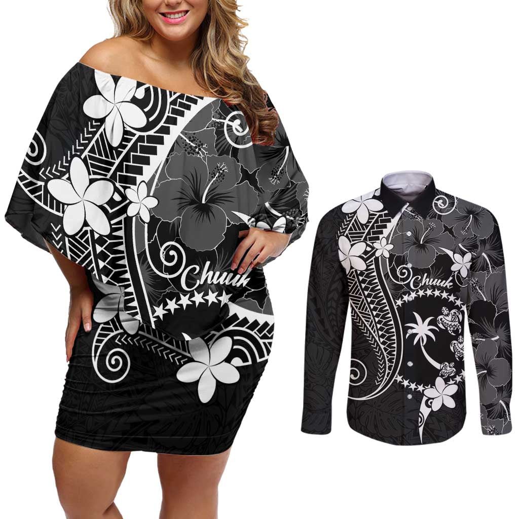 FSM Chuuk Couples Matching Off Shoulder Short Dress and Long Sleeve Button Shirt Turtle Tropical Flowers Polynesian - Black