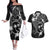 FSM Chuuk Couples Matching Off The Shoulder Long Sleeve Dress and Hawaiian Shirt Turtle Tropical Flowers Polynesian - Black