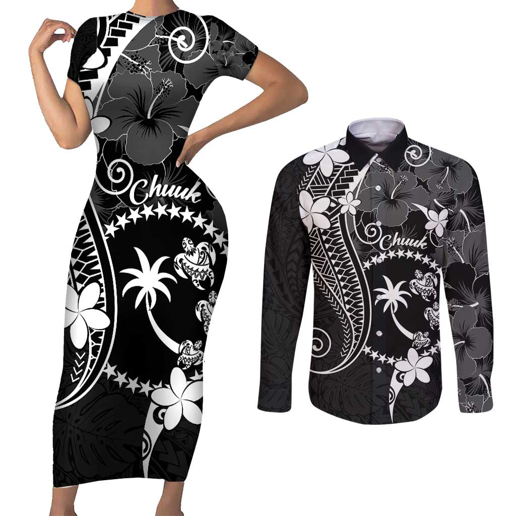 FSM Chuuk Couples Matching Short Sleeve Bodycon Dress and Long Sleeve Button Shirt Turtle Tropical Flowers Polynesian - Black