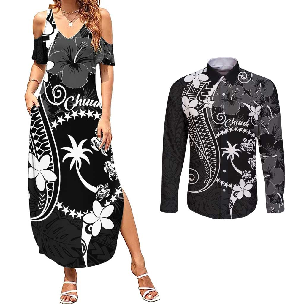 FSM Chuuk Couples Matching Summer Maxi Dress and Long Sleeve Button Shirt Turtle Tropical Flowers Polynesian - Black