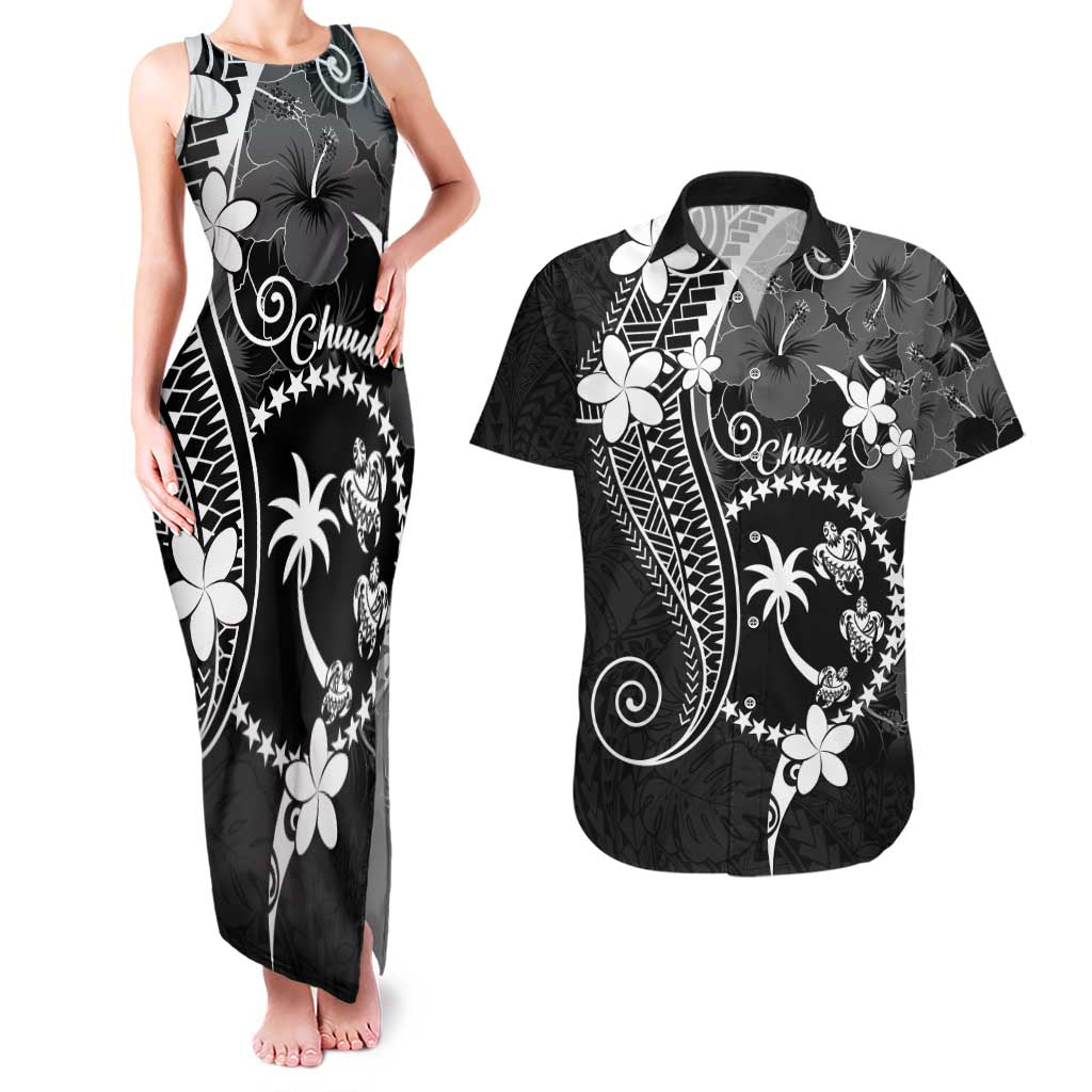 FSM Chuuk Couples Matching Tank Maxi Dress and Hawaiian Shirt Turtle Tropical Flowers Polynesian - Black