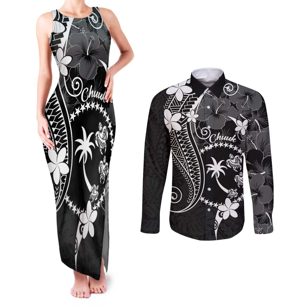 FSM Chuuk Couples Matching Tank Maxi Dress and Long Sleeve Button Shirt Turtle Tropical Flowers Polynesian - Black