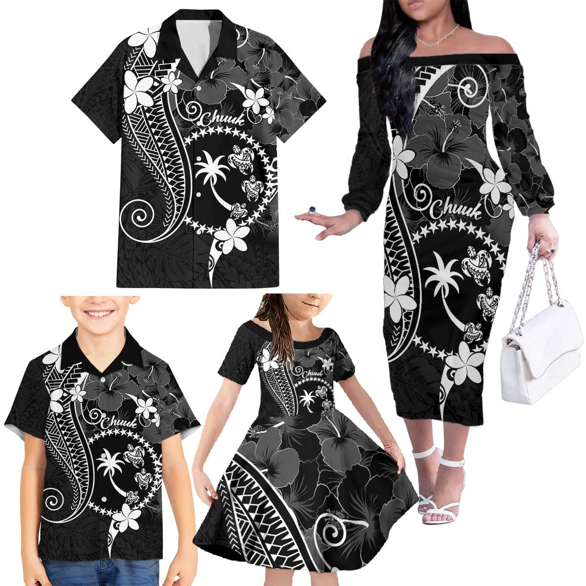 FSM Chuuk Family Matching Off The Shoulder Long Sleeve Dress and Hawaiian Shirt Turtle Tropical Flowers Polynesian - Black