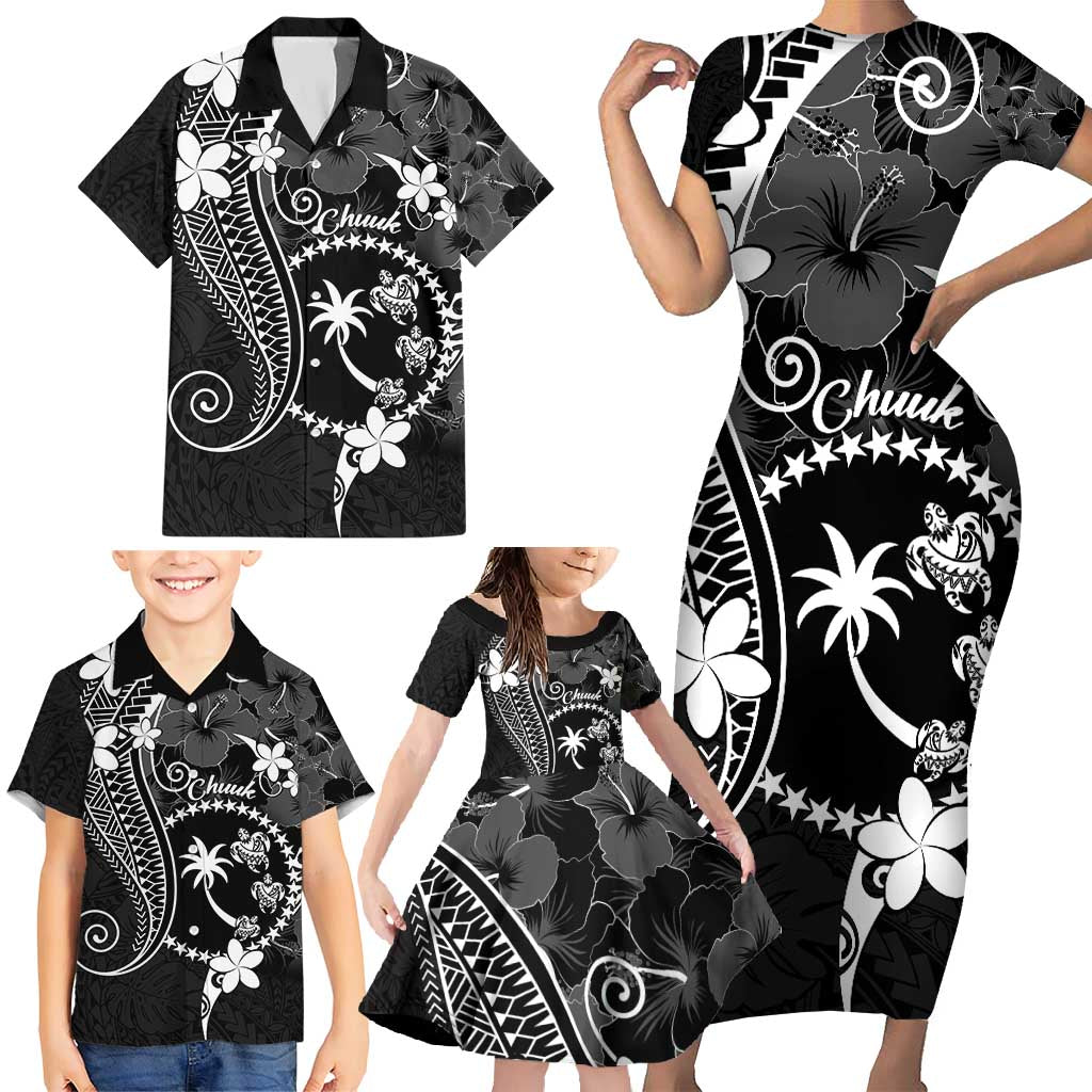 FSM Chuuk Family Matching Short Sleeve Bodycon Dress and Hawaiian Shirt Turtle Tropical Flowers Polynesian - Black