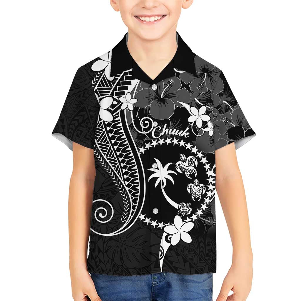 FSM Chuuk Family Matching Short Sleeve Bodycon Dress and Hawaiian Shirt Turtle Tropical Flowers Polynesian - Black