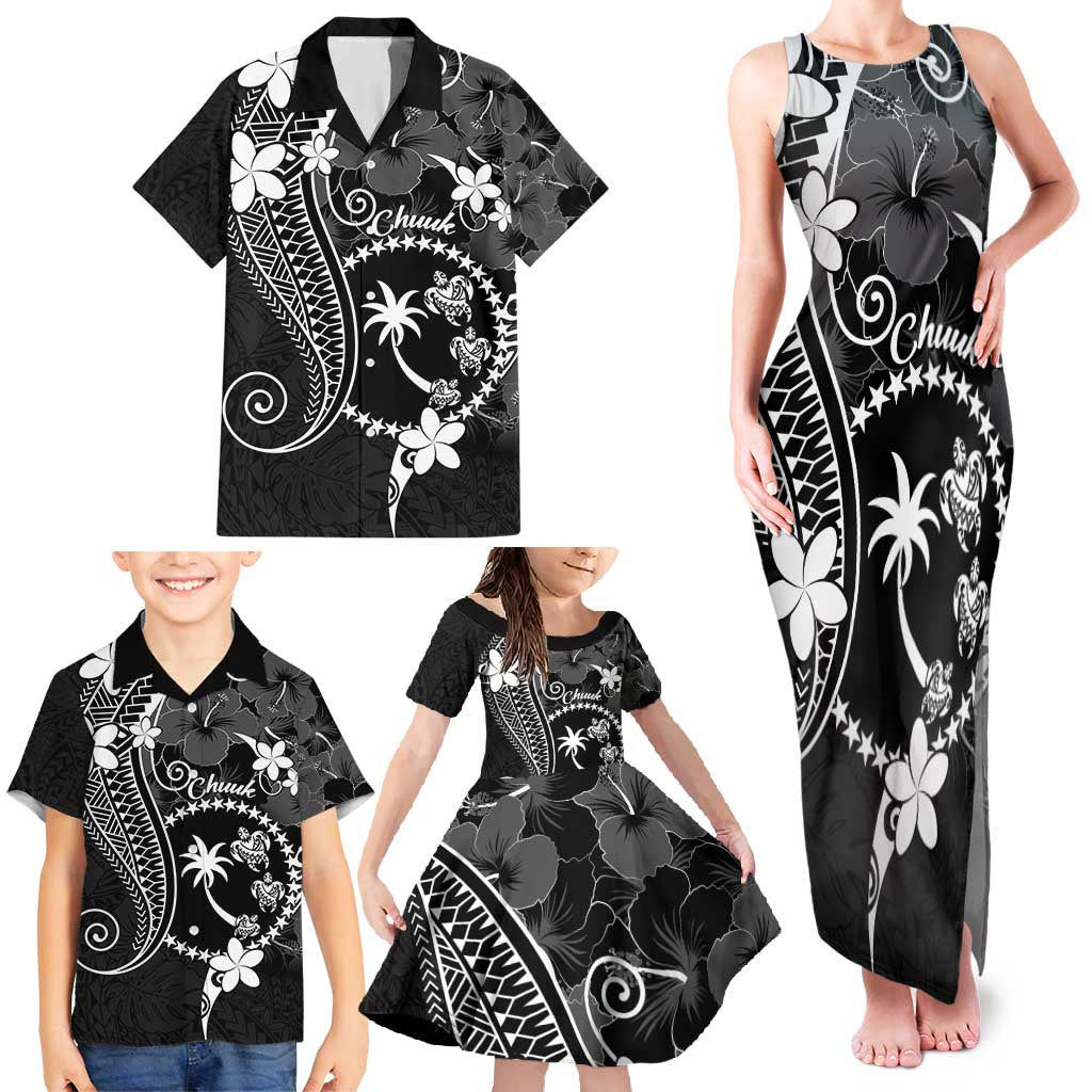 FSM Chuuk Family Matching Tank Maxi Dress and Hawaiian Shirt Turtle Tropical Flowers Polynesian - Black