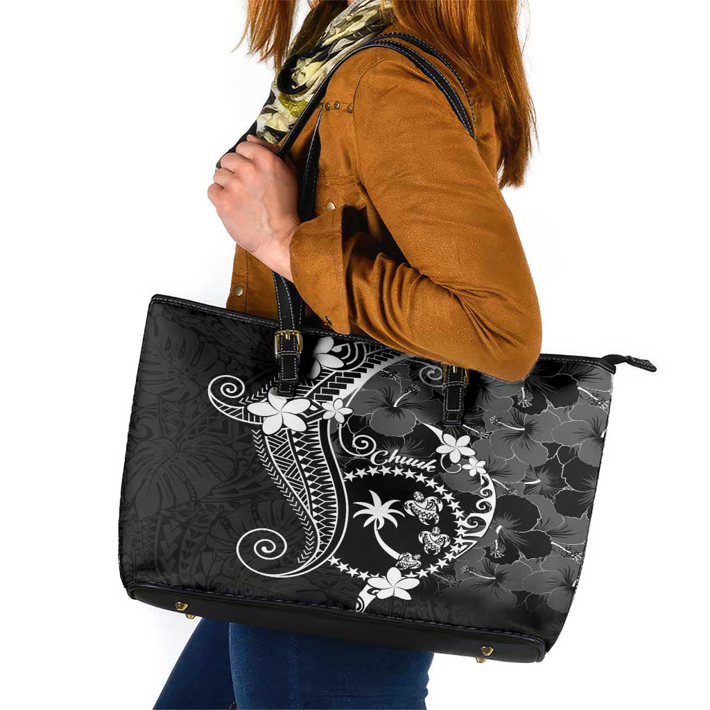 FSM Chuuk Leather Tote Bag Turtle Tropical Flowers Polynesian - Black