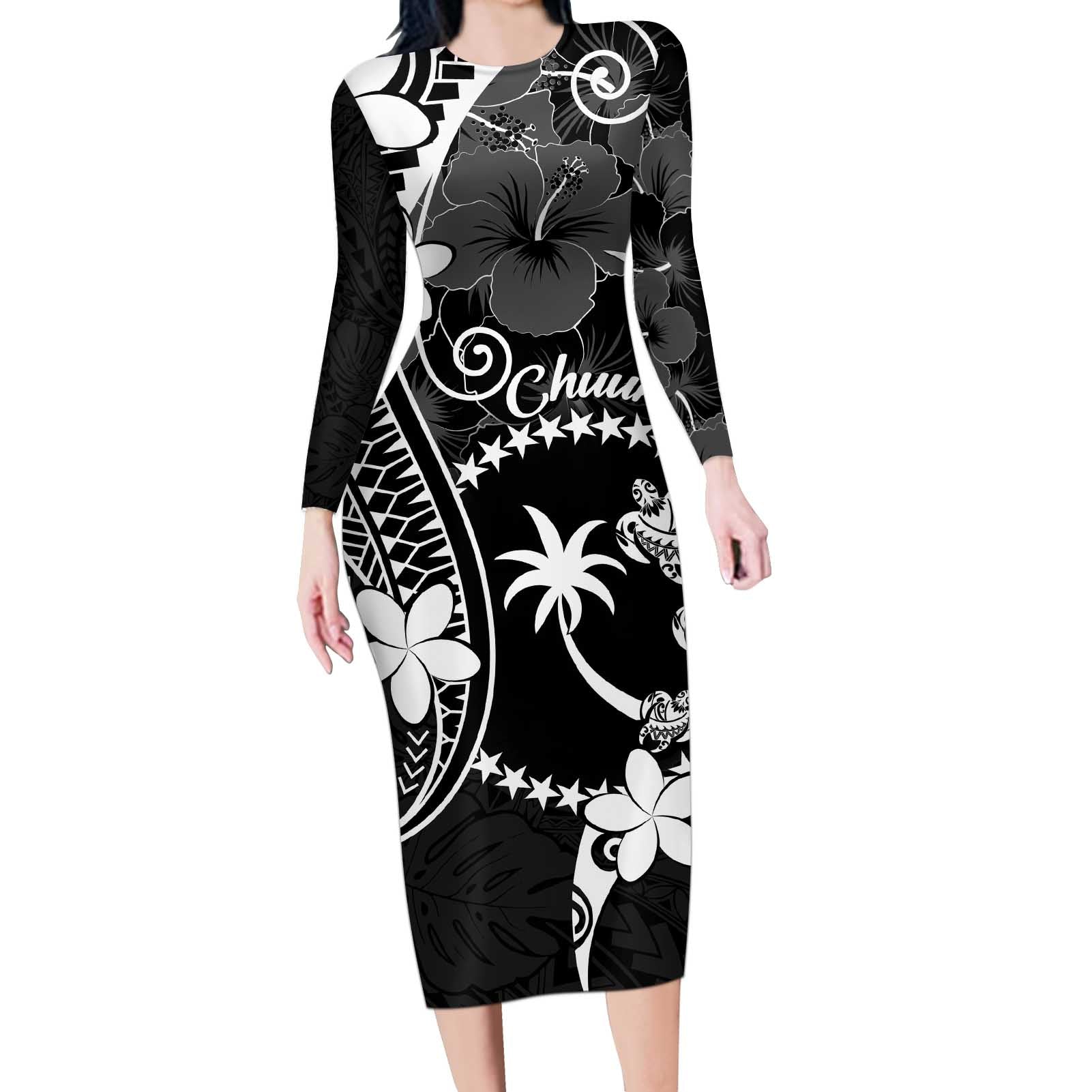 FSM Chuuk Long Sleeve Bodycon Dress Turtle Tropical Flowers Polynesian - Black