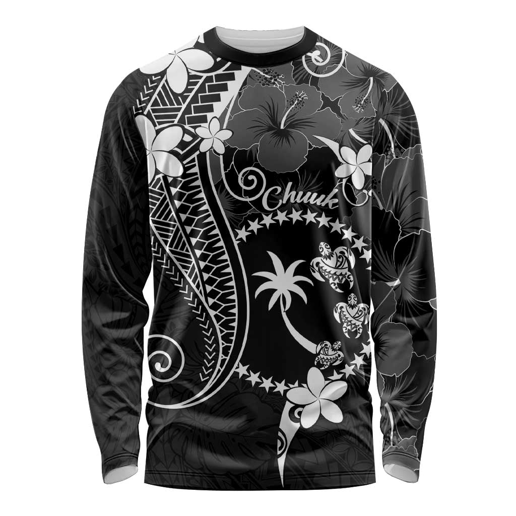 FSM Chuuk Long Sleeve Shirt Turtle Tropical Flowers Polynesian - Black