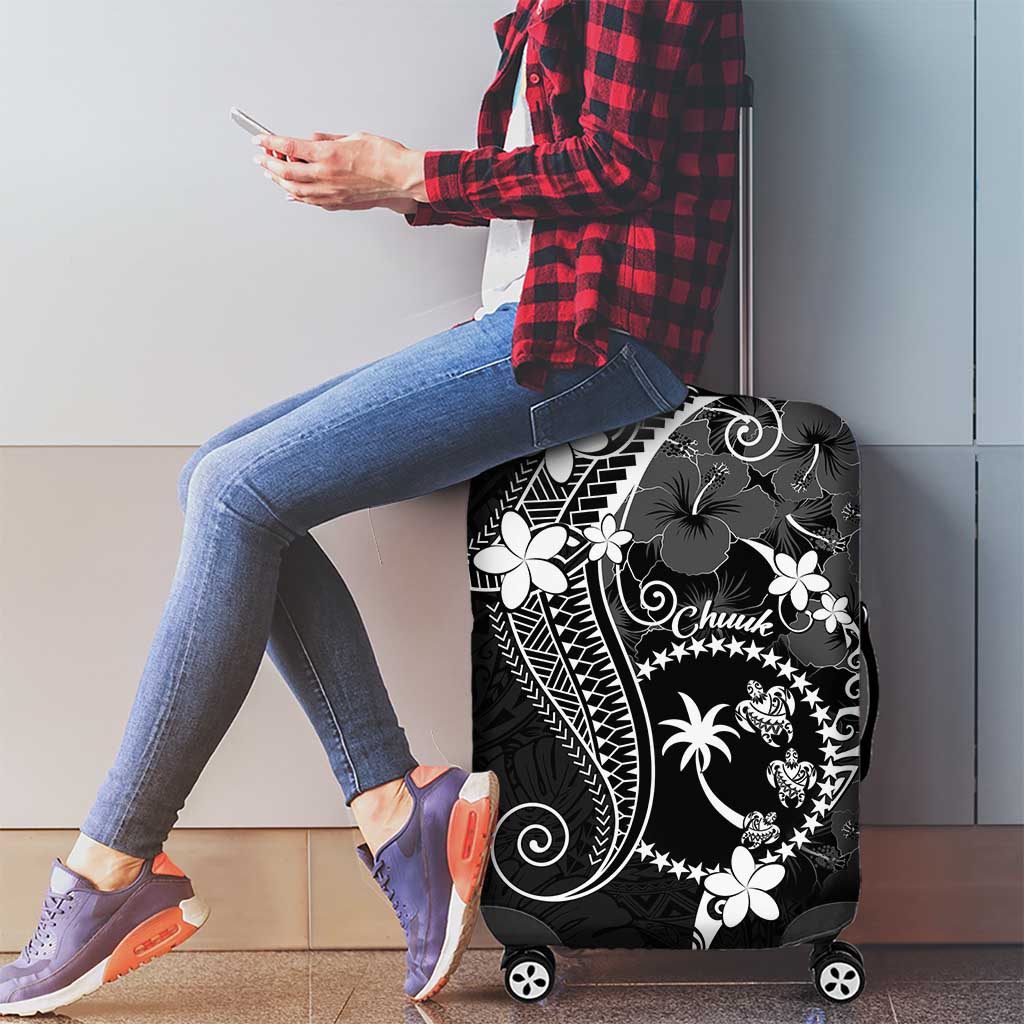 FSM Chuuk Luggage Cover Turtle Tropical Flowers Polynesian - Black LT14 - Polynesian Pride