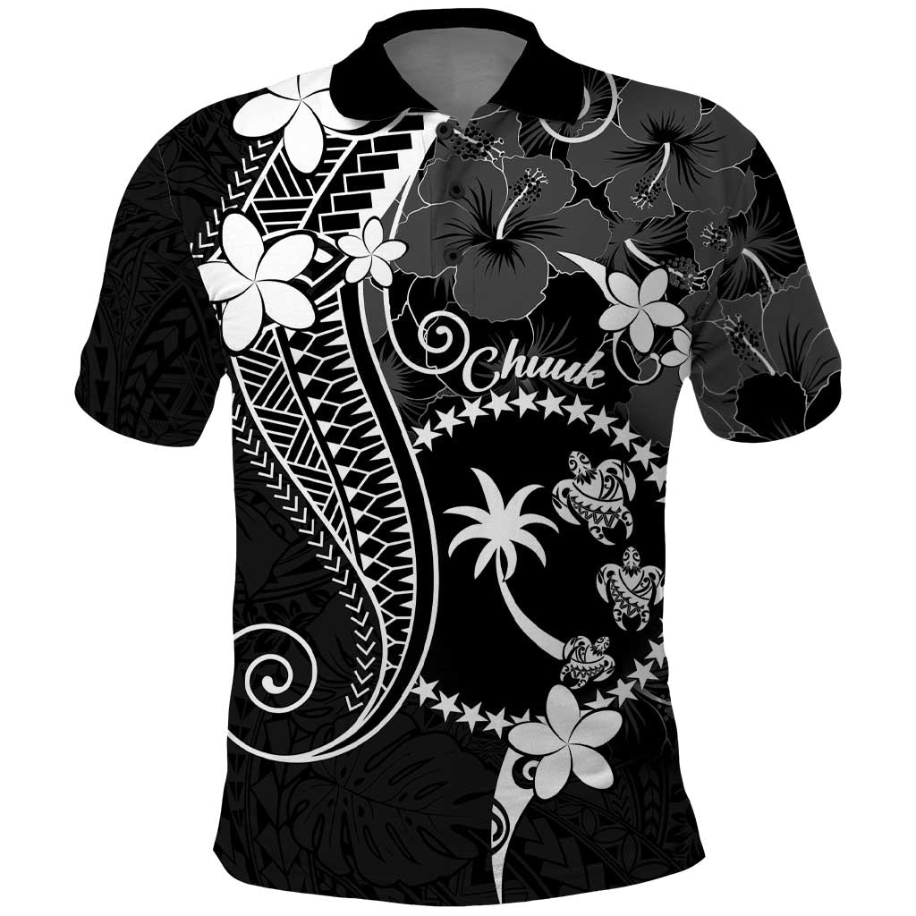 FSM Chuuk Polo Shirt Turtle Tropical Flowers Polynesian - Black