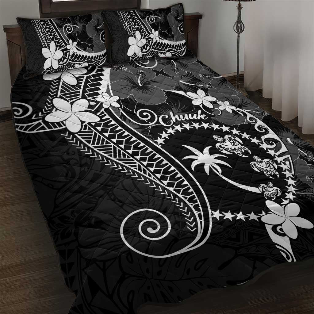 FSM Chuuk Quilt Bed Set Turtle Tropical Flowers Polynesian - Black