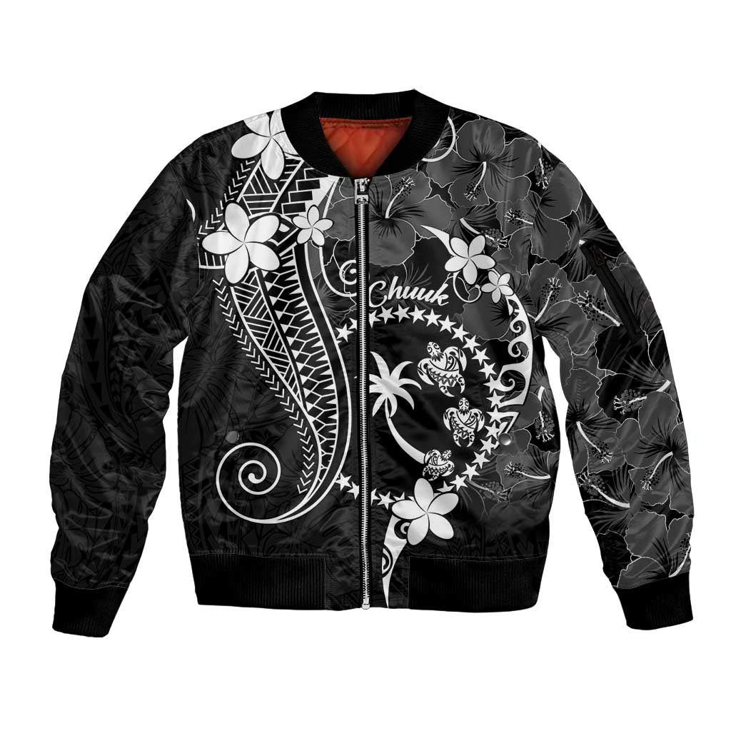 FSM Chuuk Sleeve Zip Bomber Jacket Turtle Tropical Flowers Polynesian - Black