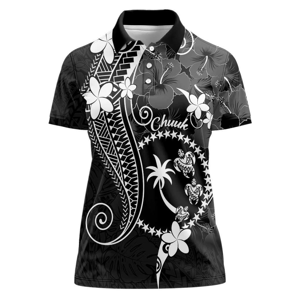 FSM Chuuk Women Polo Shirt Turtle Tropical Flowers Polynesian - Black