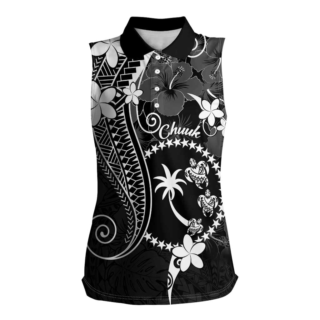 FSM Chuuk Women Sleeveless Polo Shirt Turtle Tropical Flowers Polynesian - Black