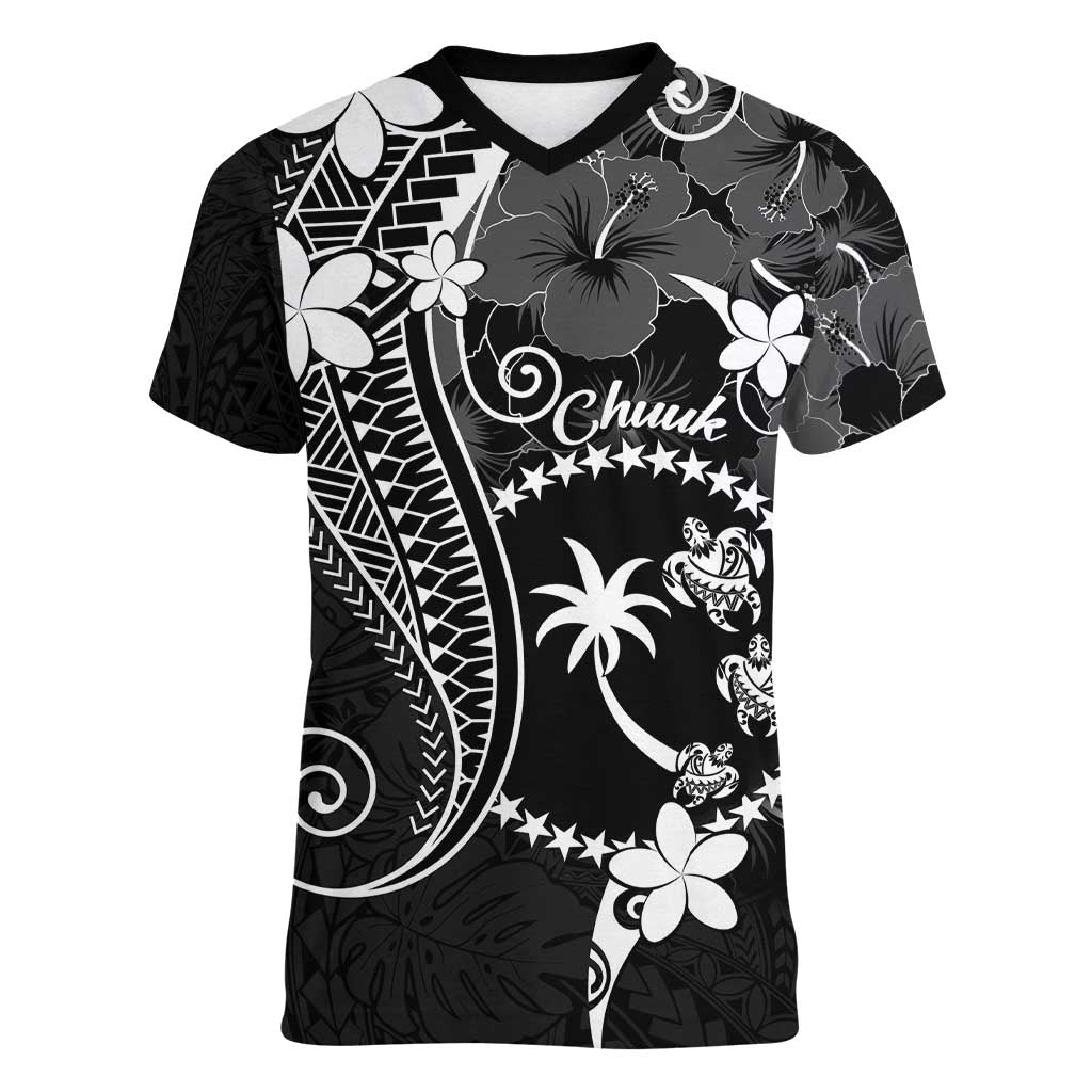 FSM Chuuk Women V-Neck T-Shirt Turtle Tropical Flowers Polynesian - Black