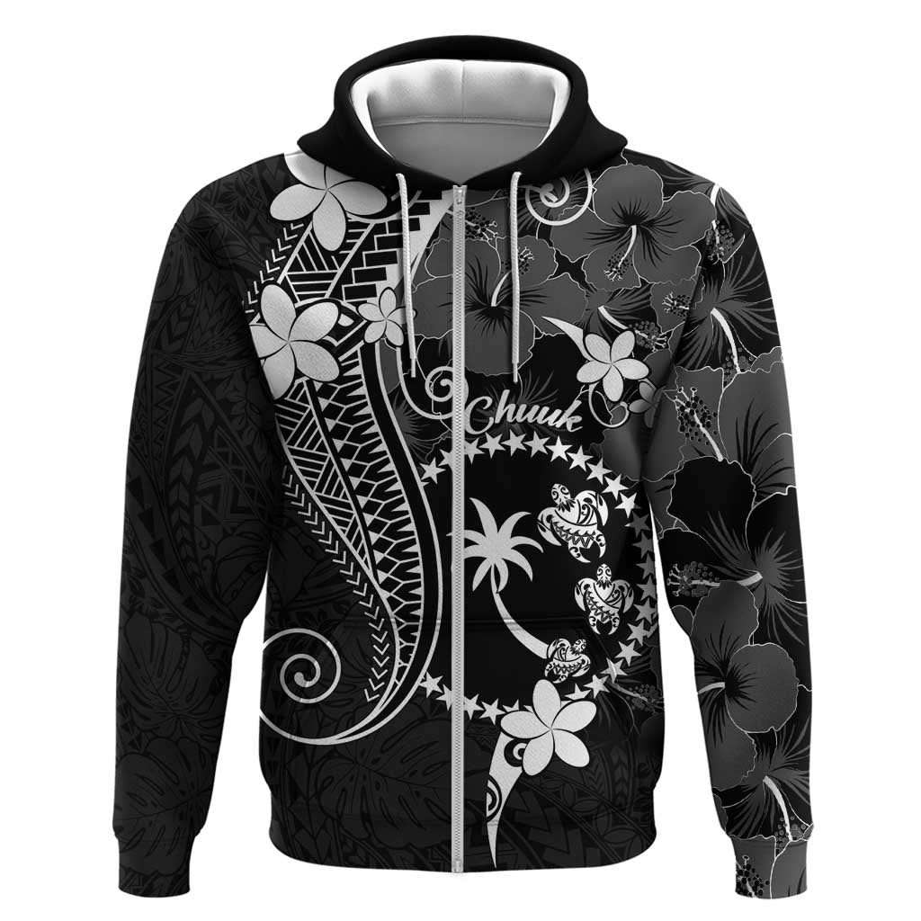 FSM Chuuk Zip Hoodie Turtle Tropical Flowers Polynesian - Black