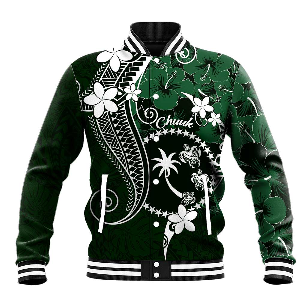 FSM Chuuk Baseball Jacket Turtle Tropical Flowers Polynesian - Green