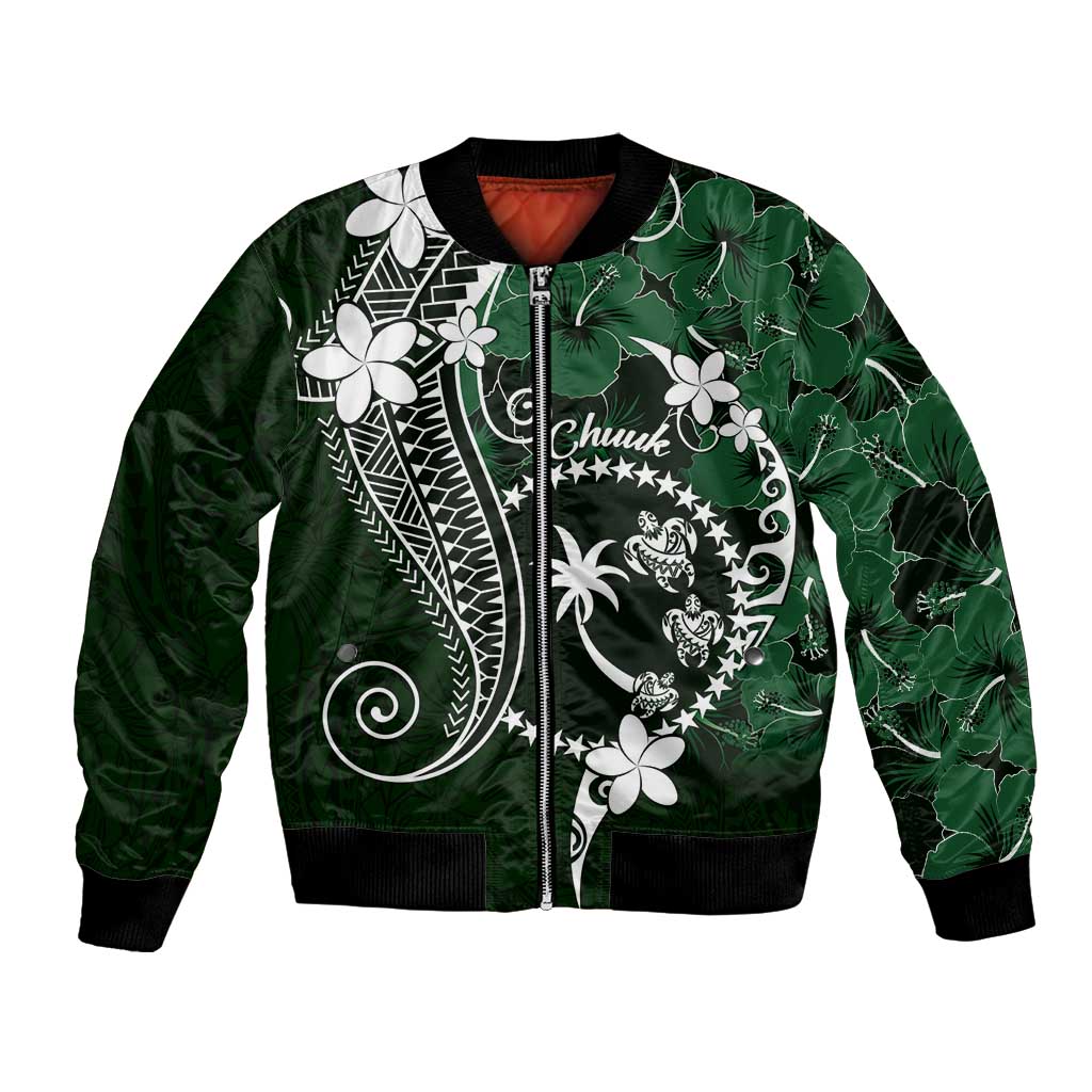 FSM Chuuk Bomber Jacket Turtle Tropical Flowers Polynesian - Green