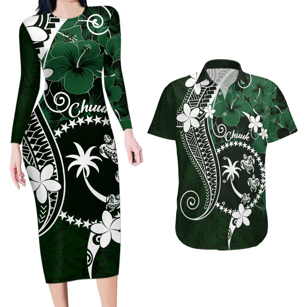 FSM Chuuk Couples Matching Long Sleeve Bodycon Dress and Hawaiian Shirt Turtle Tropical Flowers Polynesian - Green