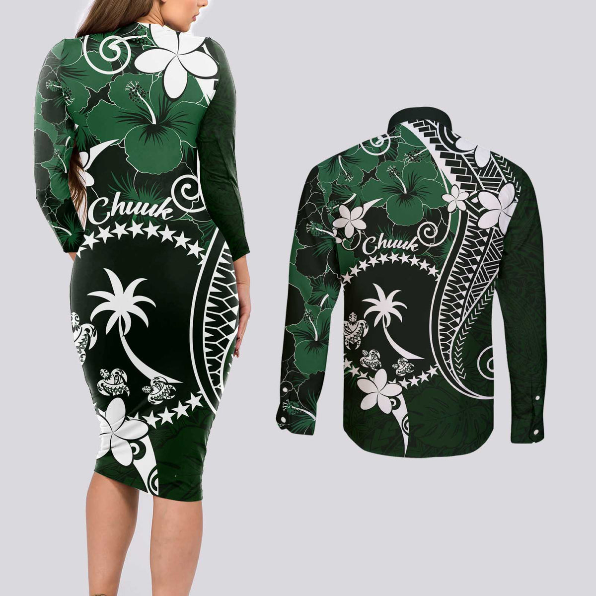 FSM Chuuk Couples Matching Long Sleeve Bodycon Dress and Long Sleeve Button Shirt Turtle Tropical Flowers Polynesian - Green