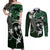 FSM Chuuk Couples Matching Off Shoulder Maxi Dress and Long Sleeve Button Shirt Turtle Tropical Flowers Polynesian - Green