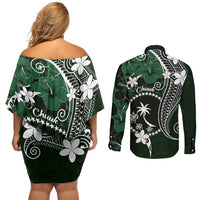 FSM Chuuk Couples Matching Off Shoulder Short Dress and Long Sleeve Button Shirt Turtle Tropical Flowers Polynesian - Green