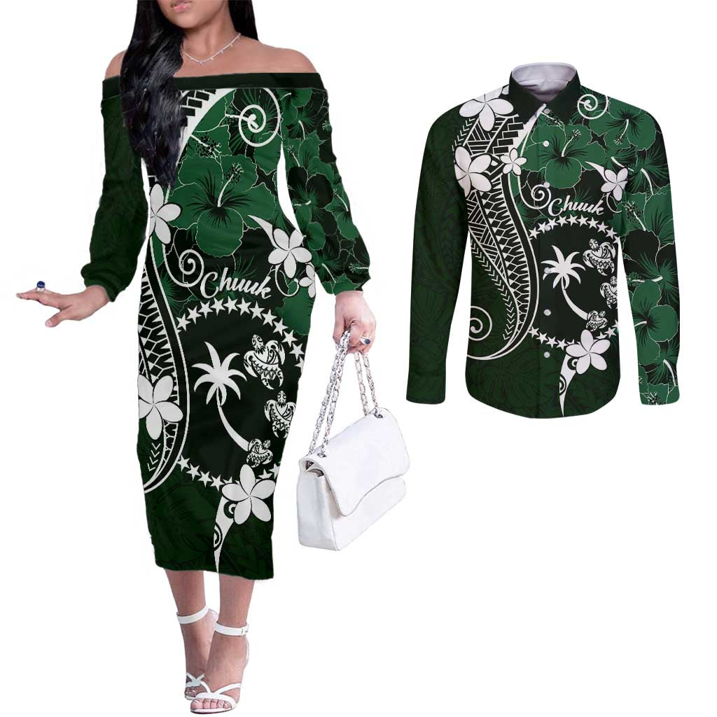 FSM Chuuk Couples Matching Off The Shoulder Long Sleeve Dress and Long Sleeve Button Shirt Turtle Tropical Flowers Polynesian - Green