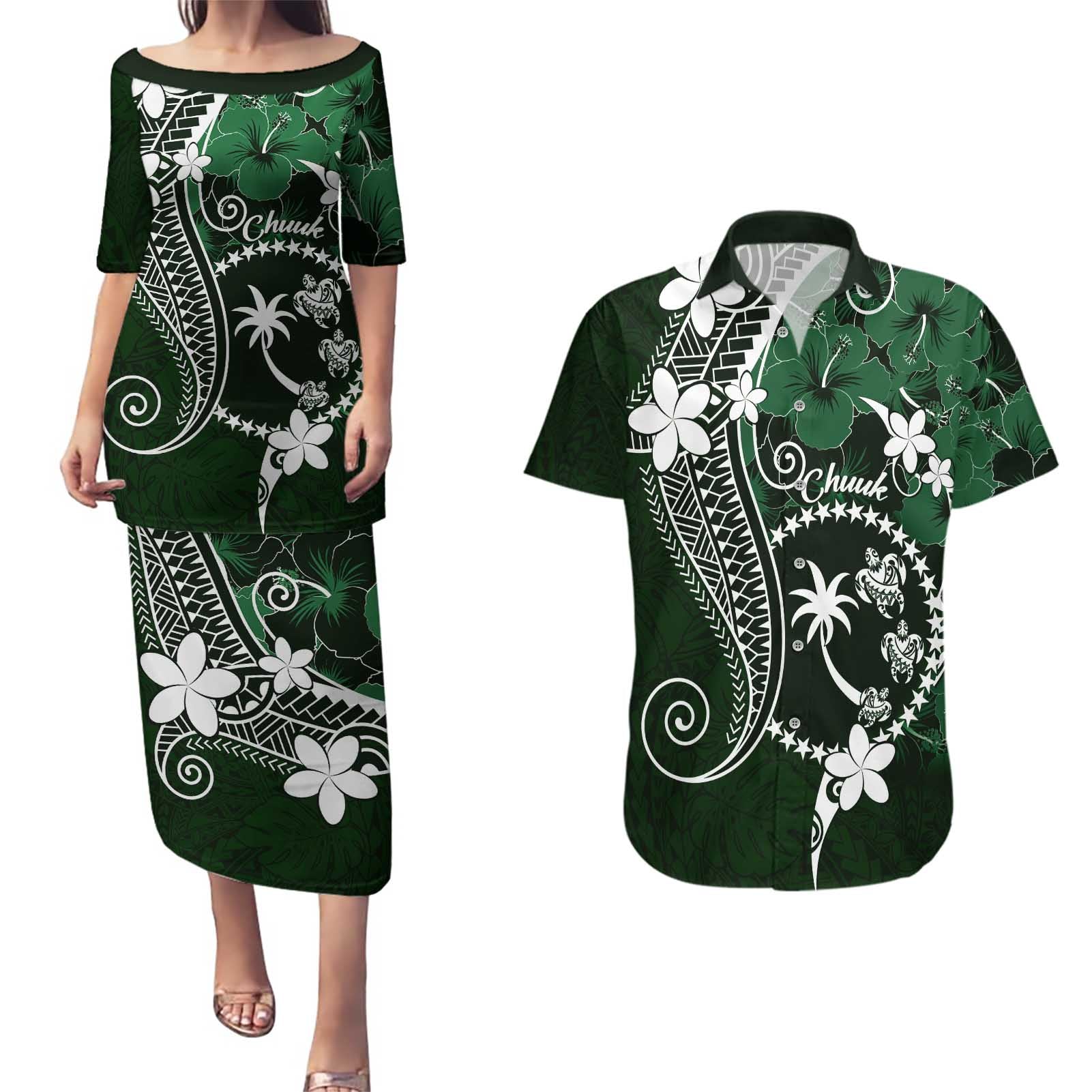 FSM Chuuk Couples Matching Puletasi and Hawaiian Shirt Turtle Tropical Flowers Polynesian - Green